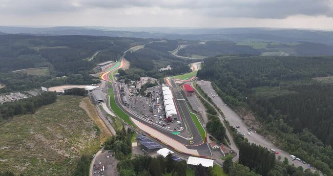 Race track in the Belgian Ardennes, near the village of Spa, motorsports, aerial overview.