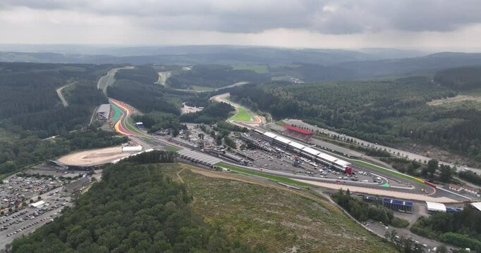 Race track in the Belgian Ardennes, near the village of Spa, motorsports, aerial overview.