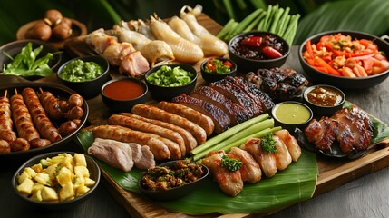 A delectable barbecue spread featuring an array of grilled meats, including chicken, beef, and sausages, elegantly plated with various dipping sauces and vibrant accompaniments, capturing the 