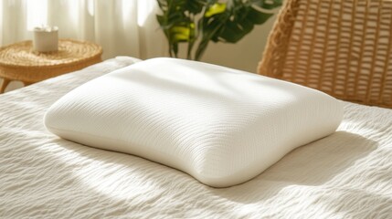 Cozy white memory foam pillow on sunlit bed with wicker chair and green plant