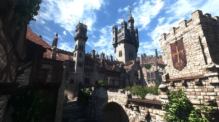 Obraz premium A richly detailed 4k scene of a medieval castle, featuring towering spires and turrets reaching into the sky, with sunlight casting shadows on the fortress’s weathered stone walls 