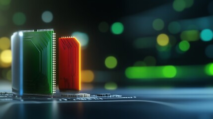 Glowing Green and Orange Microchips Positioned on Circuit Board Dark Background. AI Generated