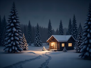 Cozy cabin illuminated by warm light in a snowy winter landscape at night, digital art of scenic landscape concept.