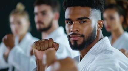 National Athletic Training Month Young african male practicing martial arts with diverse group in training session