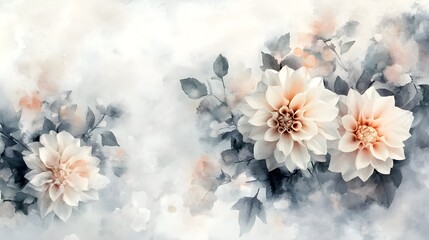 A tranquil watercolor depiction of dahlia flowers in pastel tones, with understated details and a soft gray background, capturing the beauty of simplicity and elegance in floral art 