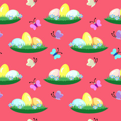 Vector - Easter eggs with butterfly insect seamless pattern.