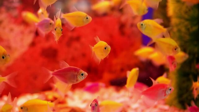 Tropical colored glofish or glow fish swimming in aquarium. It is a species of Zebra fish (Zebra Danio) that has colorful neon lights, from Cyprinidae family.