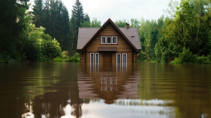 REACT Month Wooden house surrounded by floodwaters amid lush forest and overcast sky