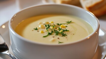 National Split Pea Soup Week Creamy corn soup garnished with fresh herbs in white ceramic bowl