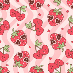 seamless pattern with cute  strawberry and cherry