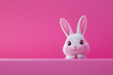 Cute White Bunny Peeking Over Pink Surface