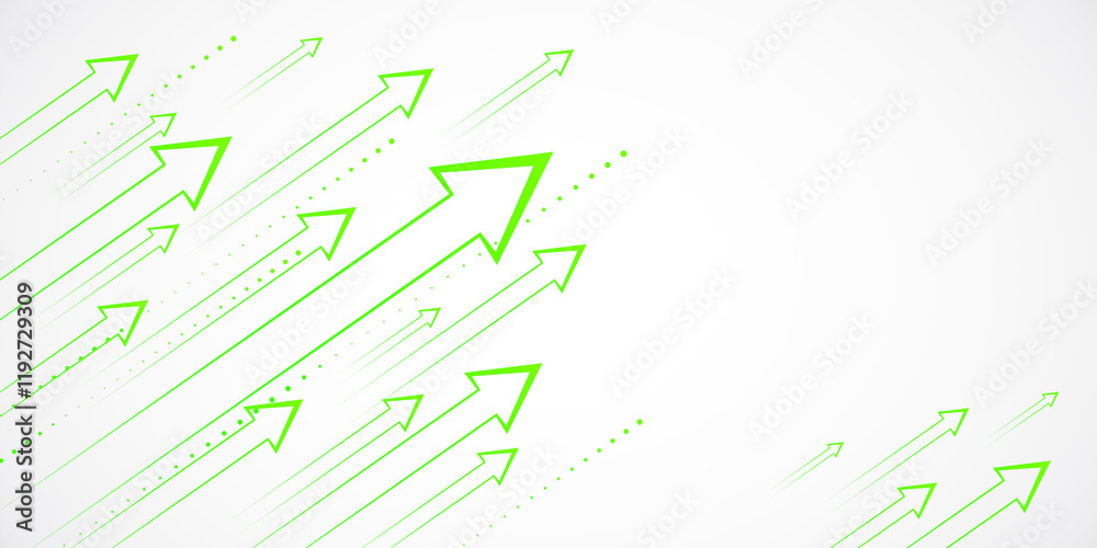 Poster Green arrows moving upward on a white background, symbolizing growth and progress. 3D Rendering