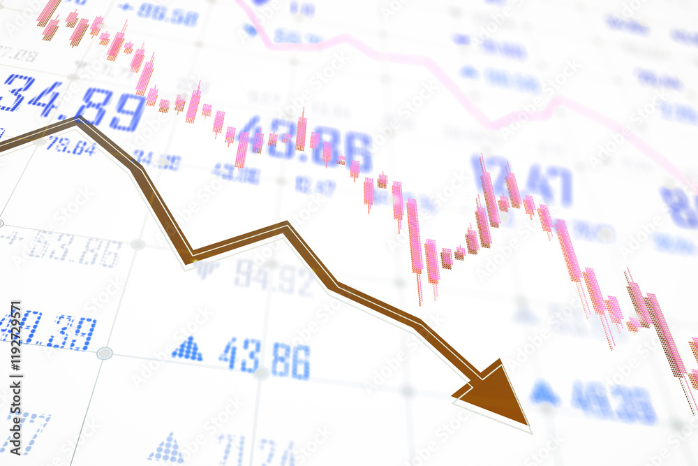 Poster financial stock market graph with downward trend and arrow on light background. 3d rendering
