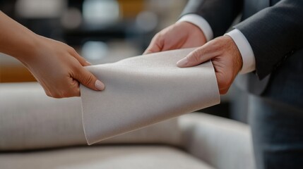 Obraz premium National Textiles Day Female and male hands holding fabric sample in interior design setting