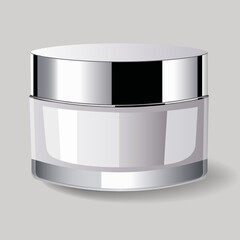 Shiny mirror jar with cream. Realistic cosmetic mockup. Lotion, skin care. Blank cosmetic package.