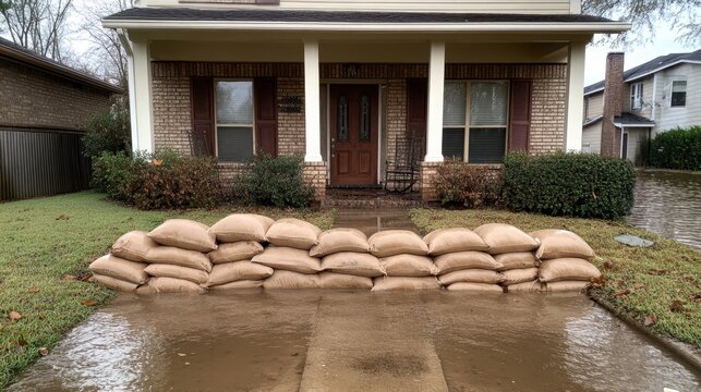 REACT Month Sandbags protecting house from flood waters on suburban street