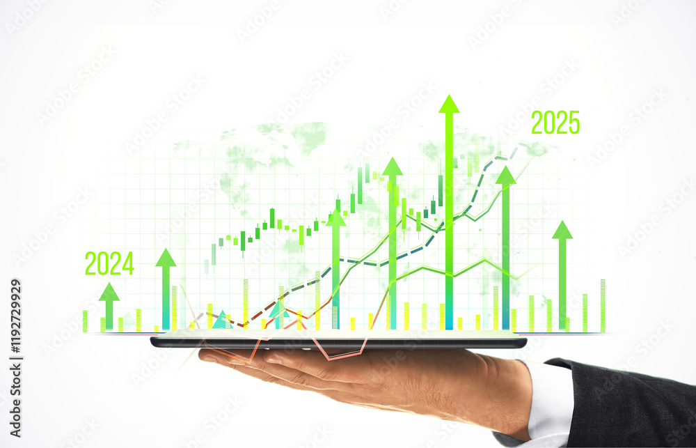 Poster digital financial growth chart with upward green arrows for 2024 and 2025 on a tablet in hand on a w
