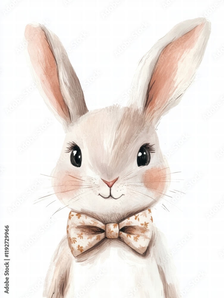 Poster Cute illustrated rabbit in a bow tie with expressive eyes and soft fur posing against a plain background. Generative AI