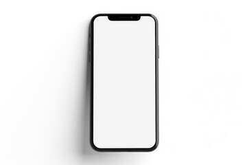 Black smartphone with blank white screen on a white background, perfect for showcasing apps or websites