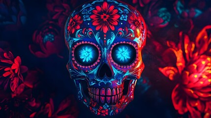 An artistic depiction of a glowing sugar skull with neon blue and red floral patterns that radiate against a shadowy backdrop. The intense glow of the skull's eyes enhances the vibrant colors, 
