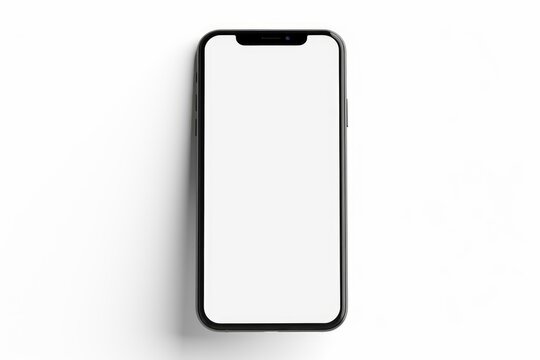 Black smartphone with blank white screen on a white background, perfect for showcasing apps or websites