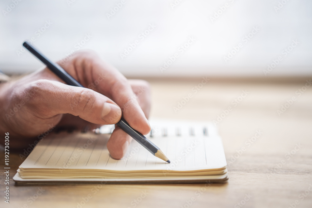 Aufkleber close-up depiction of a man's hand taking notes in a notepad, with a blurred background
