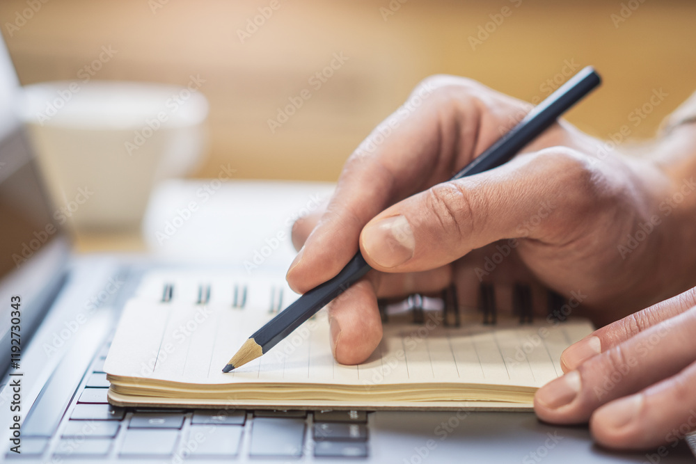 Poster Sharp view of a man's hand transcribing in a notepad on a cutting-edge laptop, with a defocused backdrop