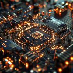 Obraz premium close up of a motherboard, computer circuit board, quantum chip processor