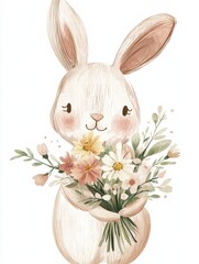 Obraz premium Cute illustration of a rabbit holding a bouquet of flowers in a soft pastel style suitable for childrens decor. Generative AI