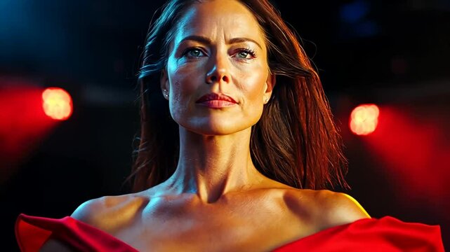 A confident Caucasian woman in a red dress under dramatic lighting, symbolizing empowerment and elegance