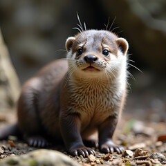 Fototapeta premium Baby otter with an adorable expression sitting on the ground surrounded by nature