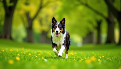 Border Collie running freely in green park with trees and flowers, exercise, dog, outdoors