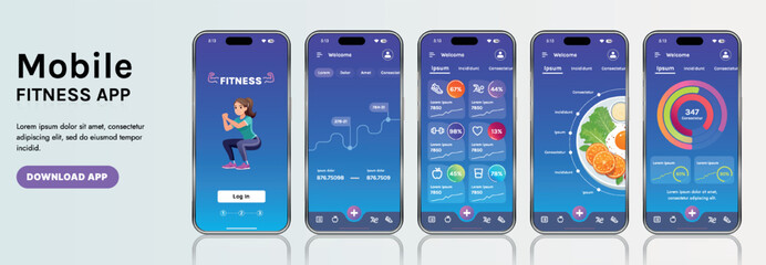 A sleek fitness app interface template featuring responsive design elements, including dashboards, charts, and statistics. Perfect for tracking health, weekly progress, and sports activities