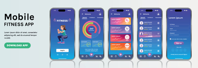 A sleek fitness app interface template featuring responsive design elements, including dashboards, charts, and statistics. Perfect for tracking health, weekly progress, and sports activities