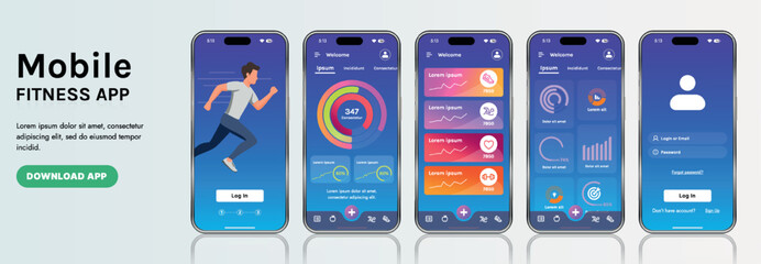 A sleek fitness app interface template featuring responsive design elements, including dashboards, charts, and statistics. Perfect for tracking health, weekly progress, and sports activities