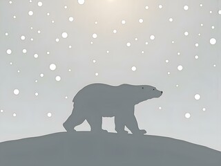 Silhouette of a polar bear in a snowy landscape with falling snowflakes, digital illustration of nature scene concept.