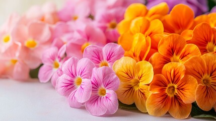 Obraz premium Vibrant primrose flowers in close-up, petals glowing with saturated colors under natural sunlight, macro shot emphasizing texture and botanical beauty