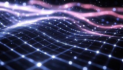 3D grid lines on a black background with a white glow, curved waves of light and space around