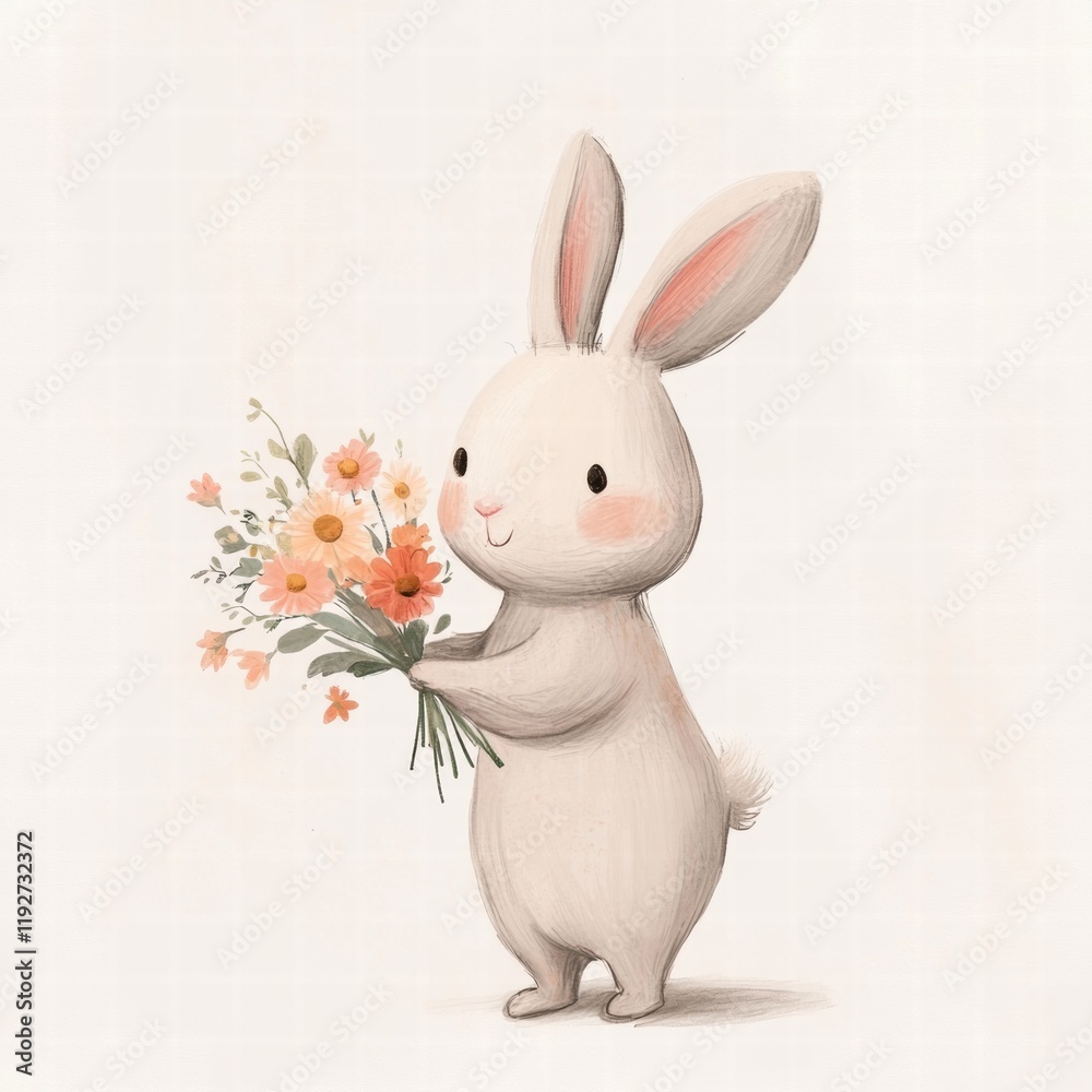 Poster cute rabbit holding a bouquet of flowers in a gentle illustration style with soft colors and charmin