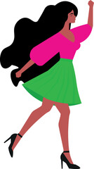 Latina woman, with arms up illustration, Latina, with green skirt, and pink blouse