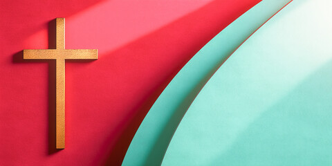 Evangelical contemporary modern Christianity background. Cross, gold red teal wave, geometric, copy space for church notices, youth ministry, club, website, Christian evangelism