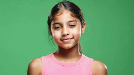 Child girl portrait on green screen. Smiling casual teenage kid. School Student isolated on green background. Cheerful Cute happy female teen 12,13 years old looking at camera. Chroma key backdrop. 4K
