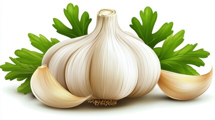 Fresh Garlic Bulb and Cloves Surrounded by Green Parsley Leaves on a White Background, Perfect for Culinary or Herbal Themes