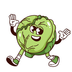 Groovy head of cabbage cartoon character walking with hands up. Funny retro excited green leaf vegetable waving to greet. Food mascot, cartoon cabbage sticker of 70s 80s style vector illustration