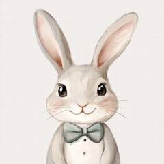 Fototapeta premium Cute illustrated rabbit wearing a bow tie, posing cheerfully in a simple background, perfect for childrens art decor. Generative AI