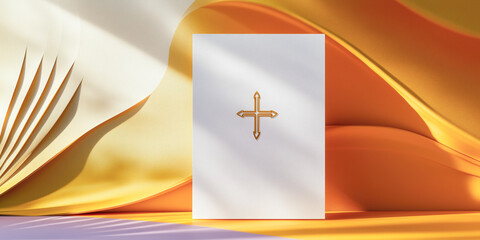 Christian religious background, pristine white card, embossed gold cross Christ geometric layered backdrop curving yellow orange, lilac, copy space for church announcements and invitations