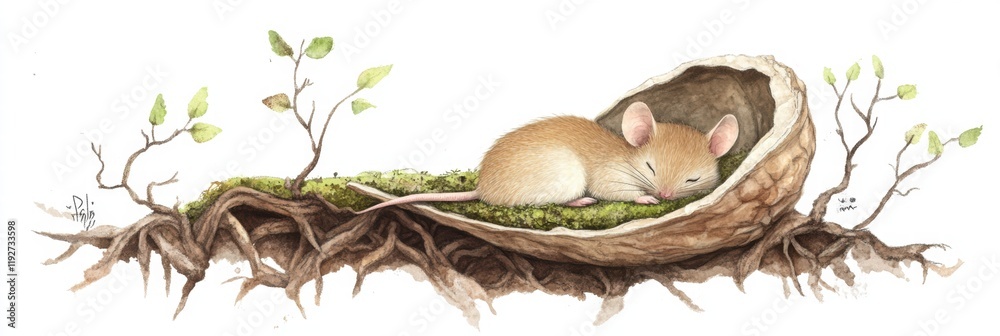 Poster Sleepy mouse nestled in a cozy shell surrounded by plants in a serene forest setting. Generative AI