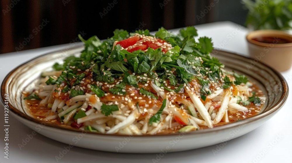 Wall mural Aromatic Asian-inspired Salad with Sesame Dressing and Fresh Herbs