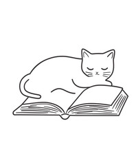 Cat sleeping on an open book in a clean line drawing.
