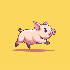 Cheerful pink pig leaping in mid-air on a yellow background.